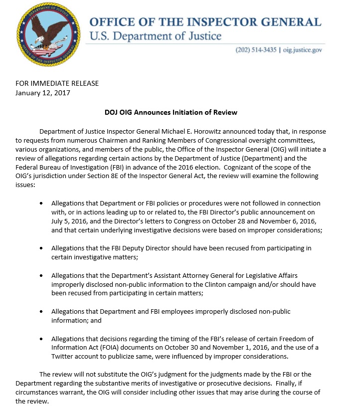 Inspector General Michael Horowitz Announces IG Investigation into FBI ...