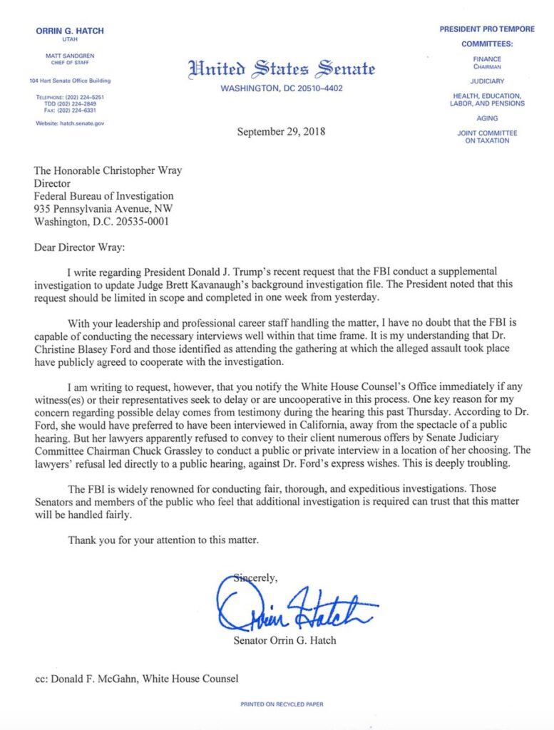 Senator Ritchie Letter Senator Orrin Hatch Sends Letter to FBI Director Christopher Wray ...