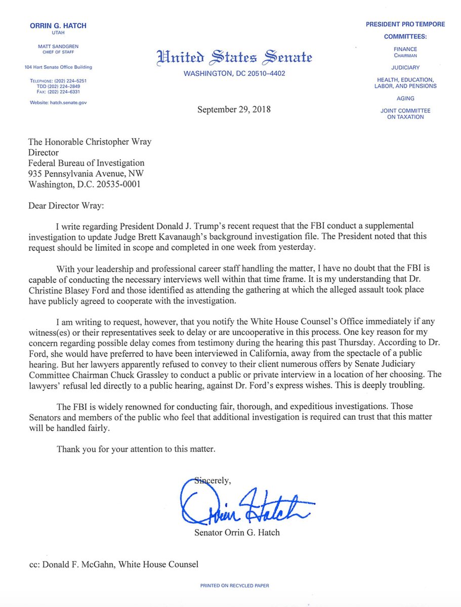Senator Ritchie Letter Senator Orrin Hatch Sends Letter to FBI Director Christopher Wray ...