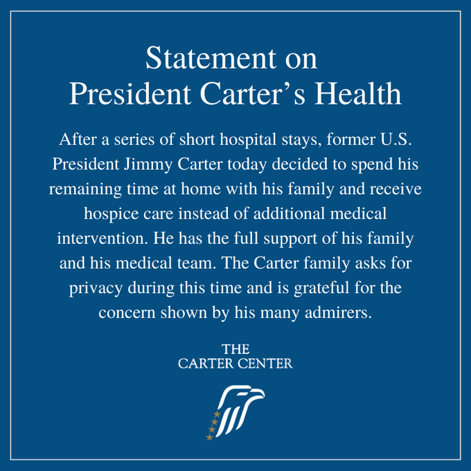 Former President Jimmy Carter (98) Receiving Hospice Care - The Last Refuge