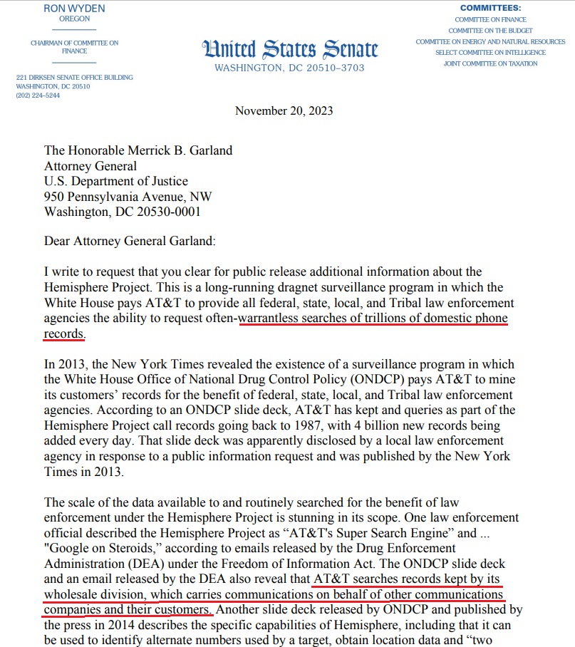 Senator Ron Wyden Asks AG Merrick Garland to Release Information About AT&T "Hemisphere" Dragnet Surveillance Agreement With U.S. Government - The Last Refuge