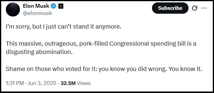 NextImg:Elon Musk says he wants to 'fire' Republican politicians in midterm elections after calling Trump's budget bill "a disgusting abomination." - The Last Refuge