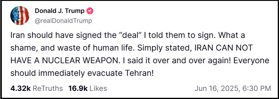 NextImg:President Trump: "Everyone Should Immediately Evacuate Tehran" - The Last Refuge