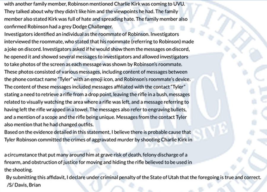 NextImg:Leaked Probable Cause Affidavit Indicates Tyler Robinson Coordinating with Accomplice to Hide Weapon After Shooting Charlie Kirk - The Last Refuge