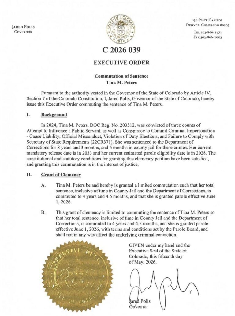 Colorado Governor Commutes Tina Peters Sentence - Will Be Released on ...