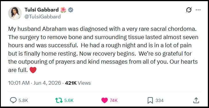 DNI Tulsi Gabbard Gives Update Following Surgery for Husband Abraham Williams